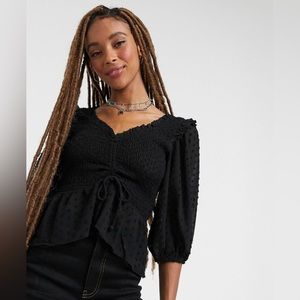 Cliche Black Ruffled Sheer Peplum Sheer Lace Top, Size Large